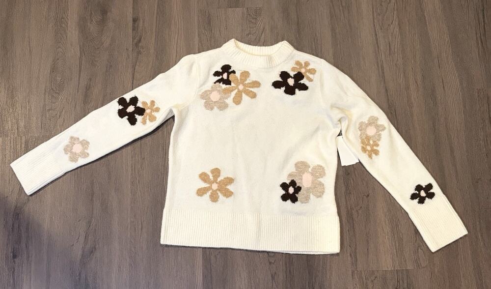 CeCe Ivory Floral Knit Women’s Crew Neck Pullover Sweater XXS Long Sleeve